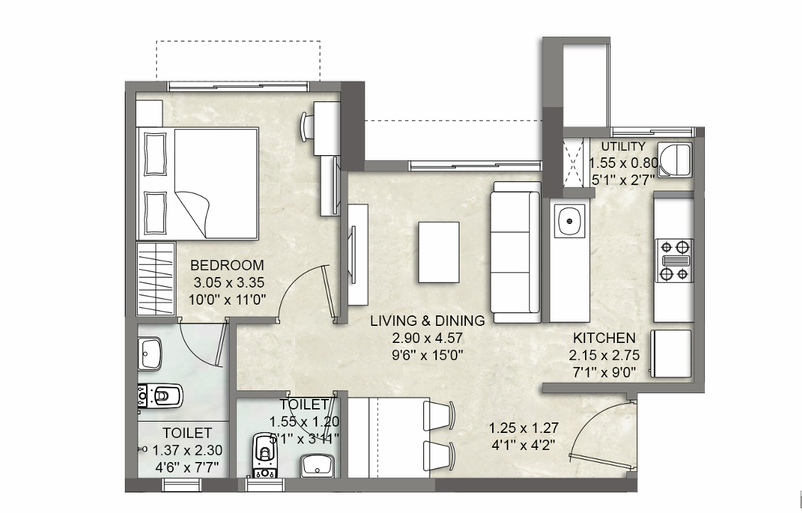 1 BHK Floor Plan